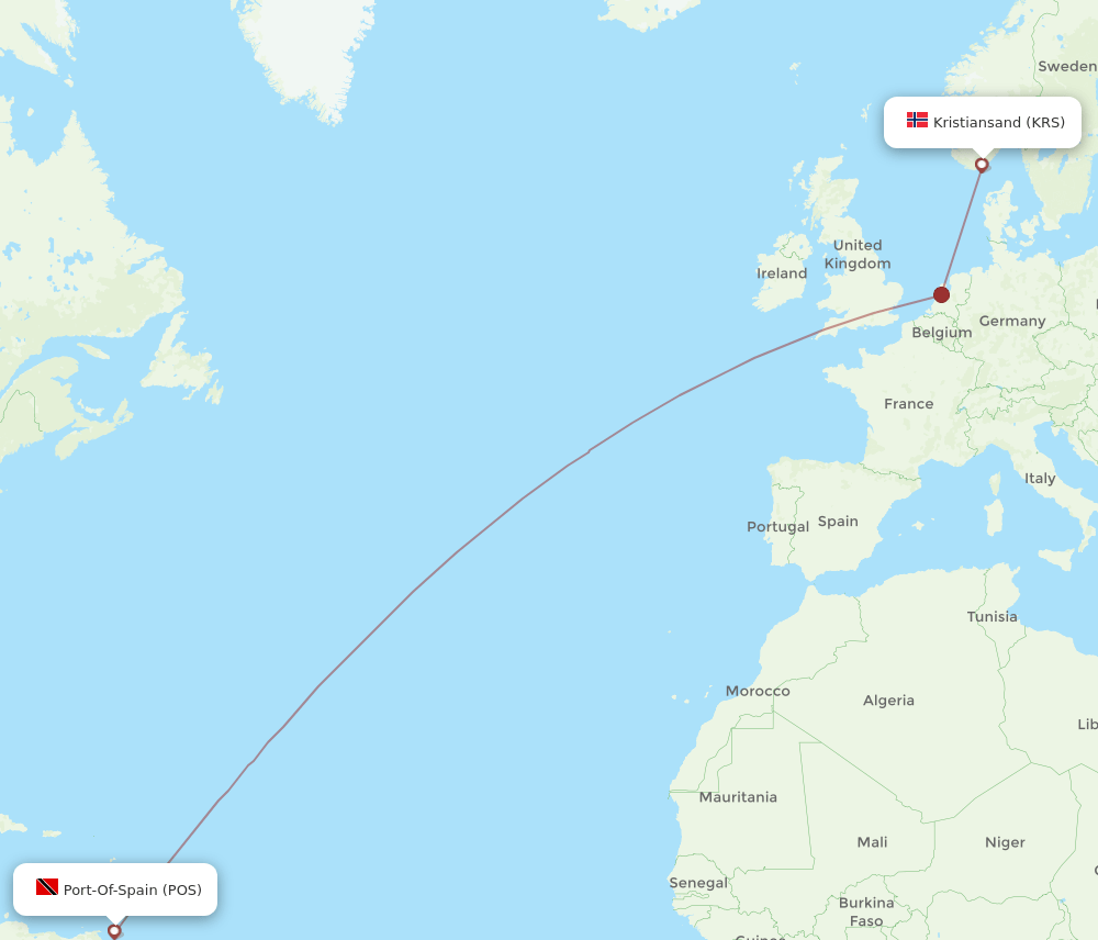 Kristiansand - Port Of Spain route map and flight paths
