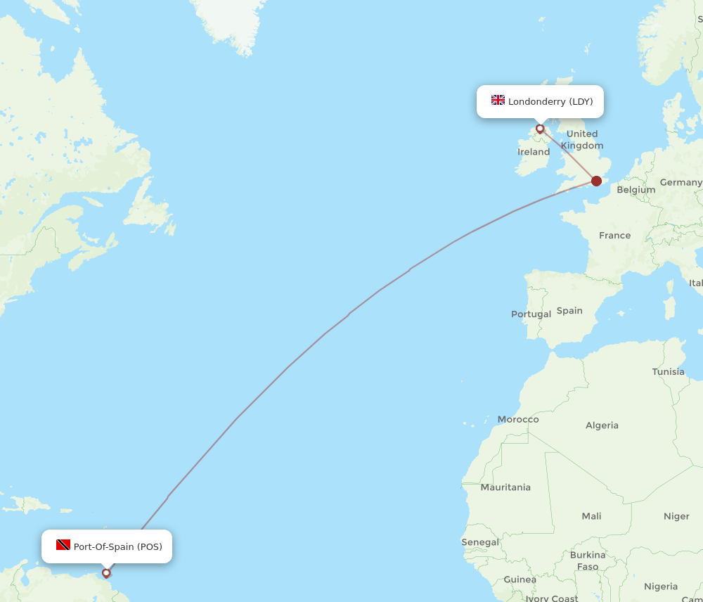 Derry - Port Of Spain route map and flight paths