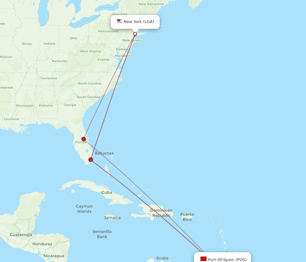 POS-LGA flight routes