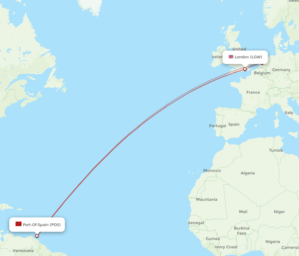 POS to LGW flights and routes map