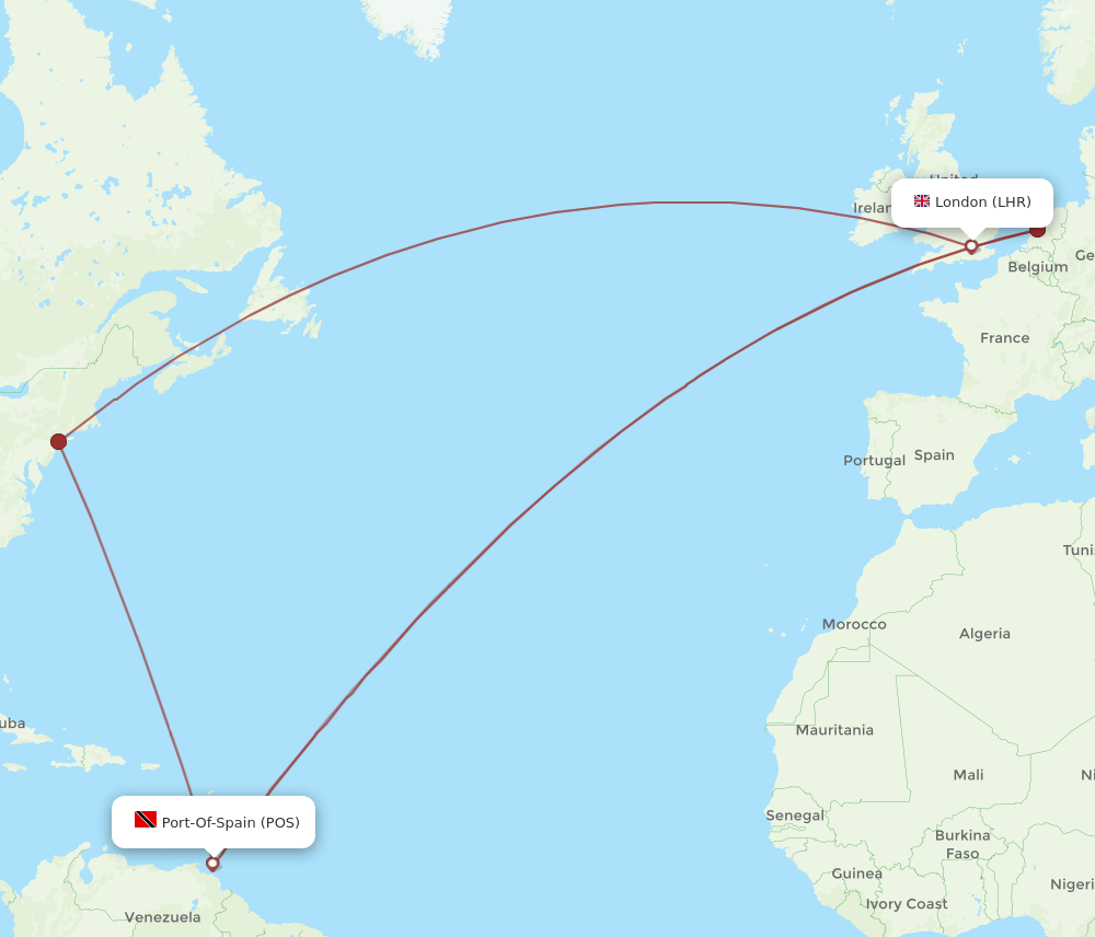 POS to LHR flights and routes map