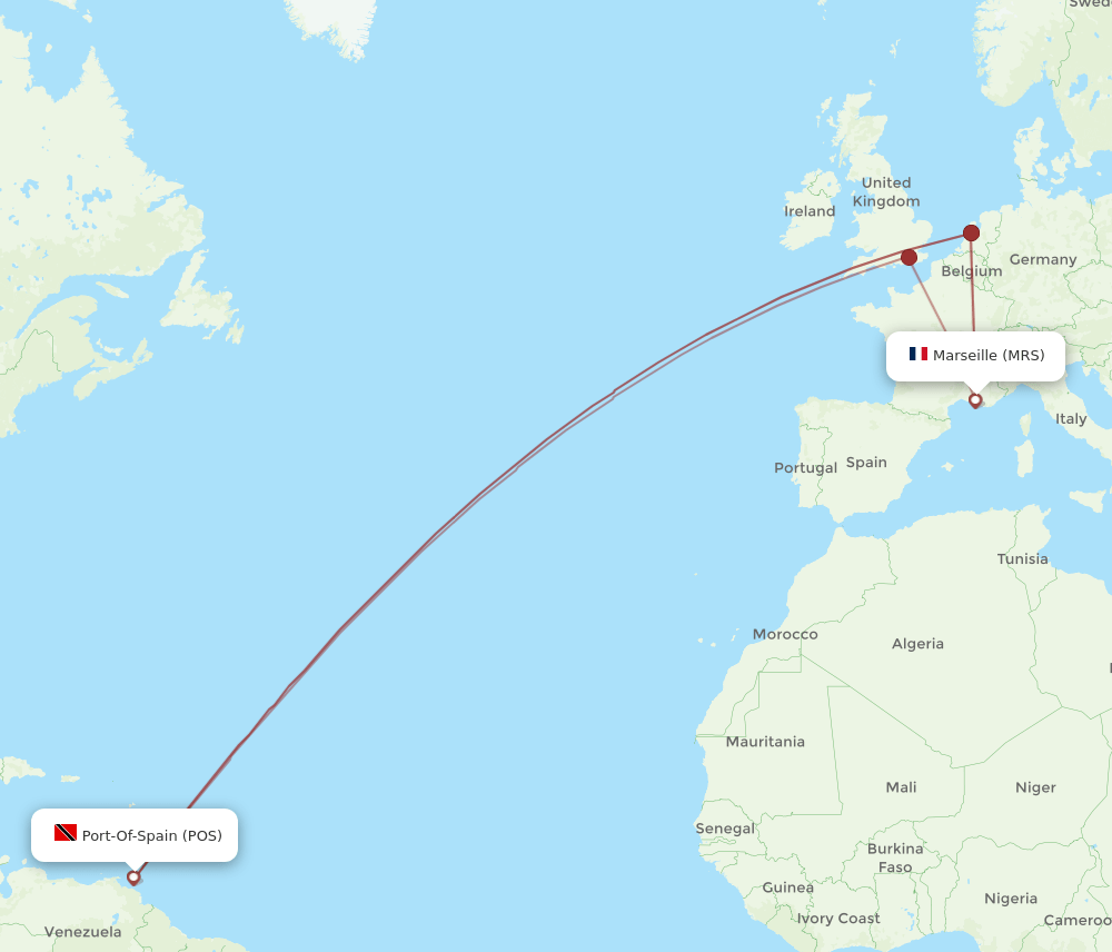 Marseille - Port Of Spain route map and flight paths