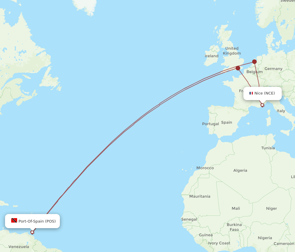 Nice - Port Of Spain route map and flight paths