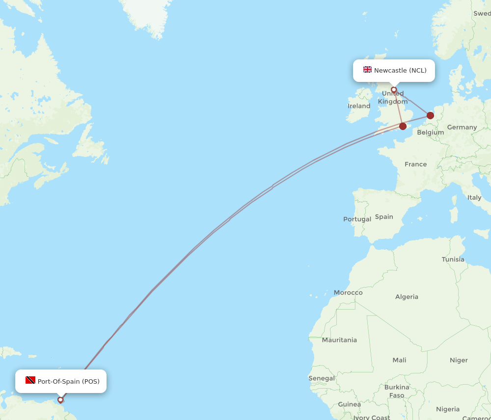 Newcastle - Port Of Spain route map and flight paths