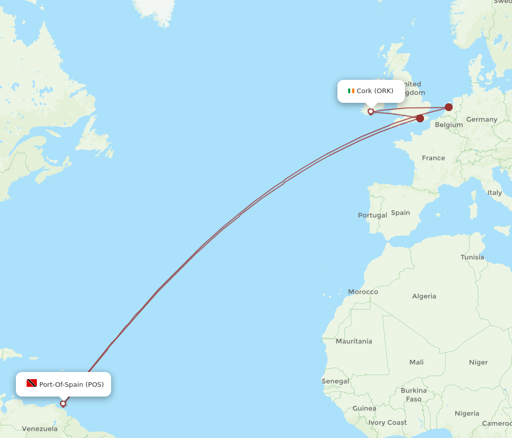 Cork - Port Of Spain route map and flight paths