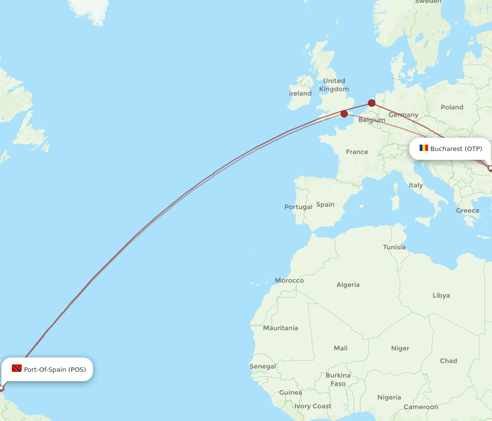 Bucharest - Port Of Spain route map and flight paths