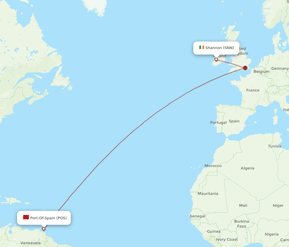 Shannon - Port Of Spain route map and flight paths
