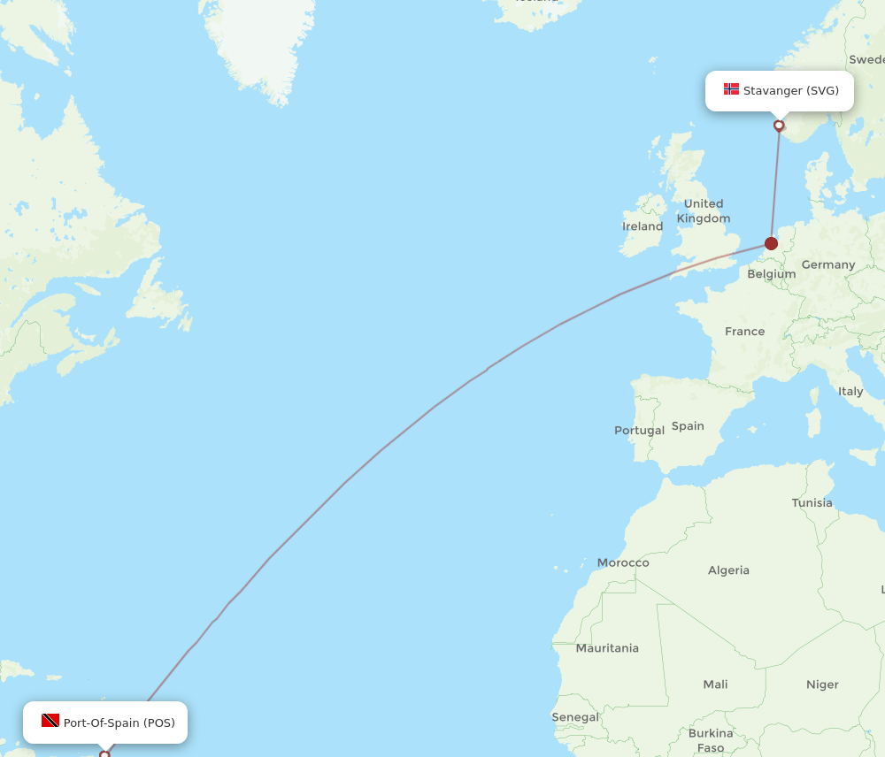 Stavanger - Port Of Spain route map and flight paths