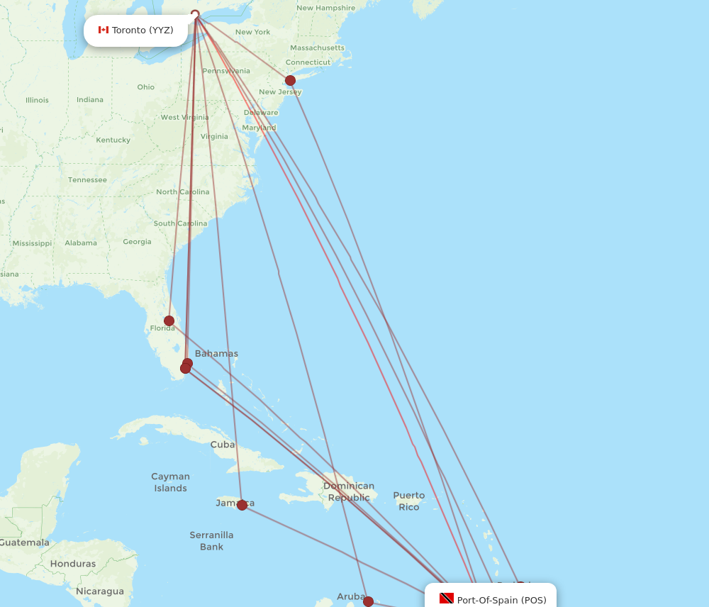 POS to YYZ flights and routes map