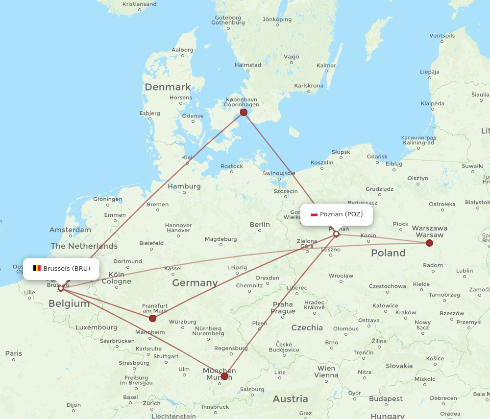 POZ to BRU flights and routes map