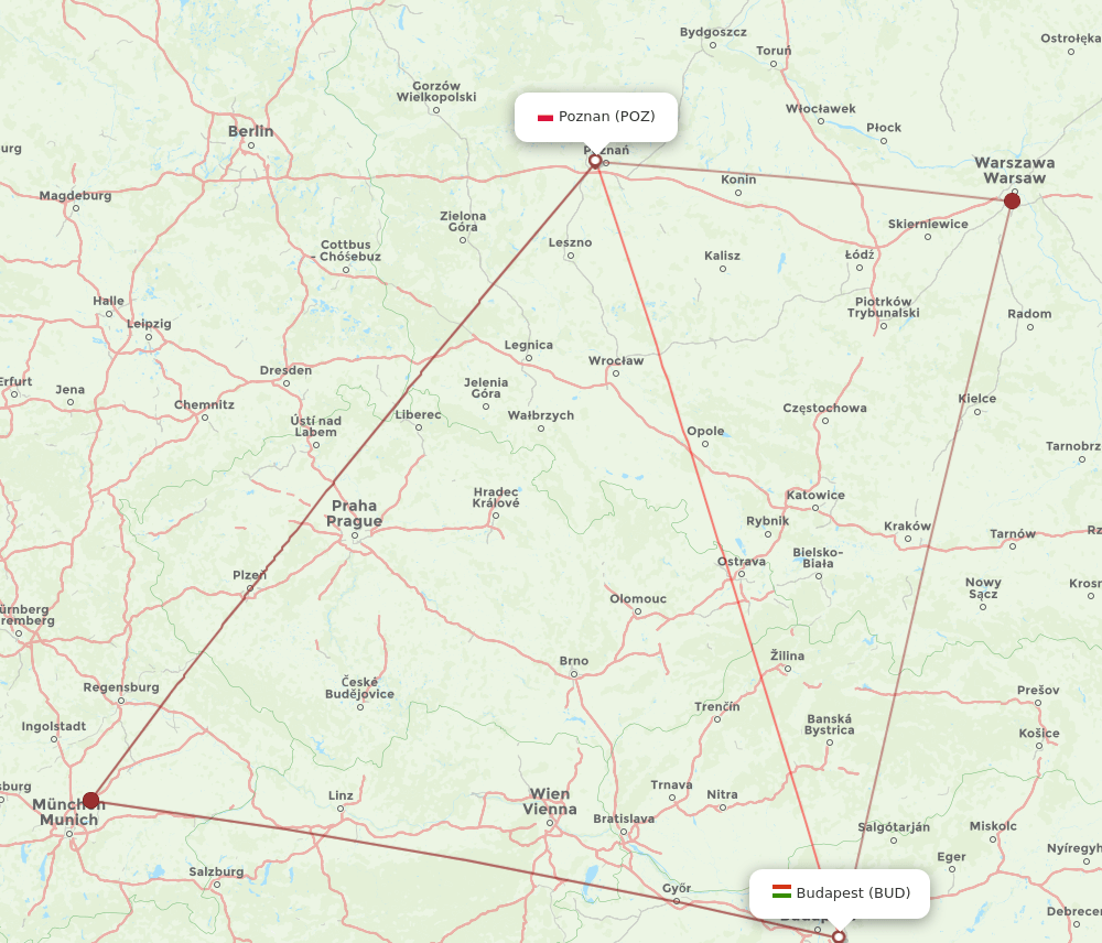 POZ to BUD flights and routes map