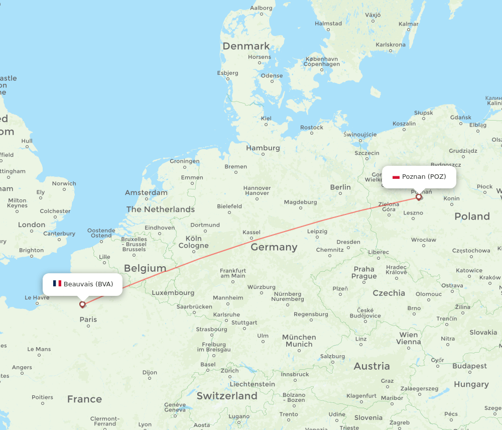 Poznan - Paris route map and flight paths