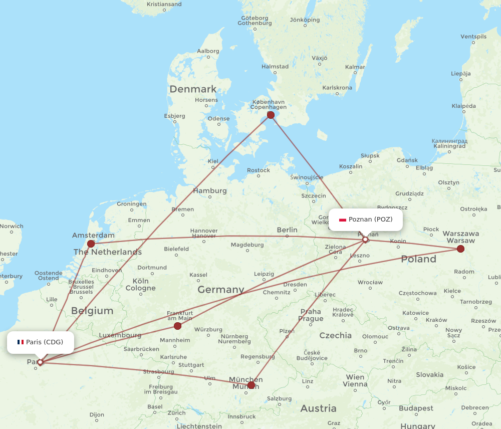 POZ to CDG flights and routes map