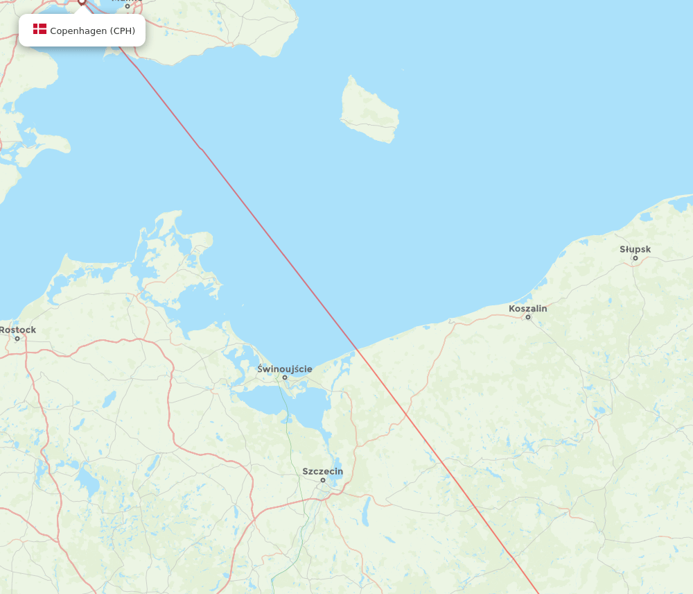 Poznan - Copenhagen route map and flight paths