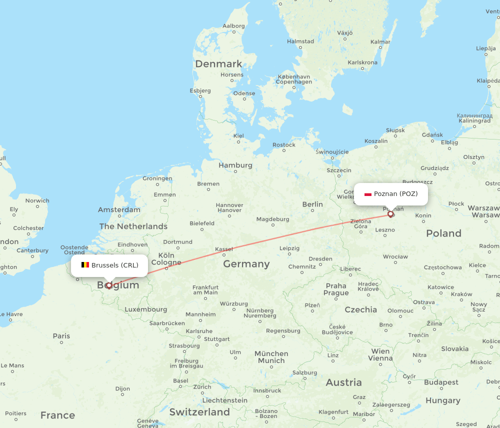 Poznan - Brussels route map and flight paths