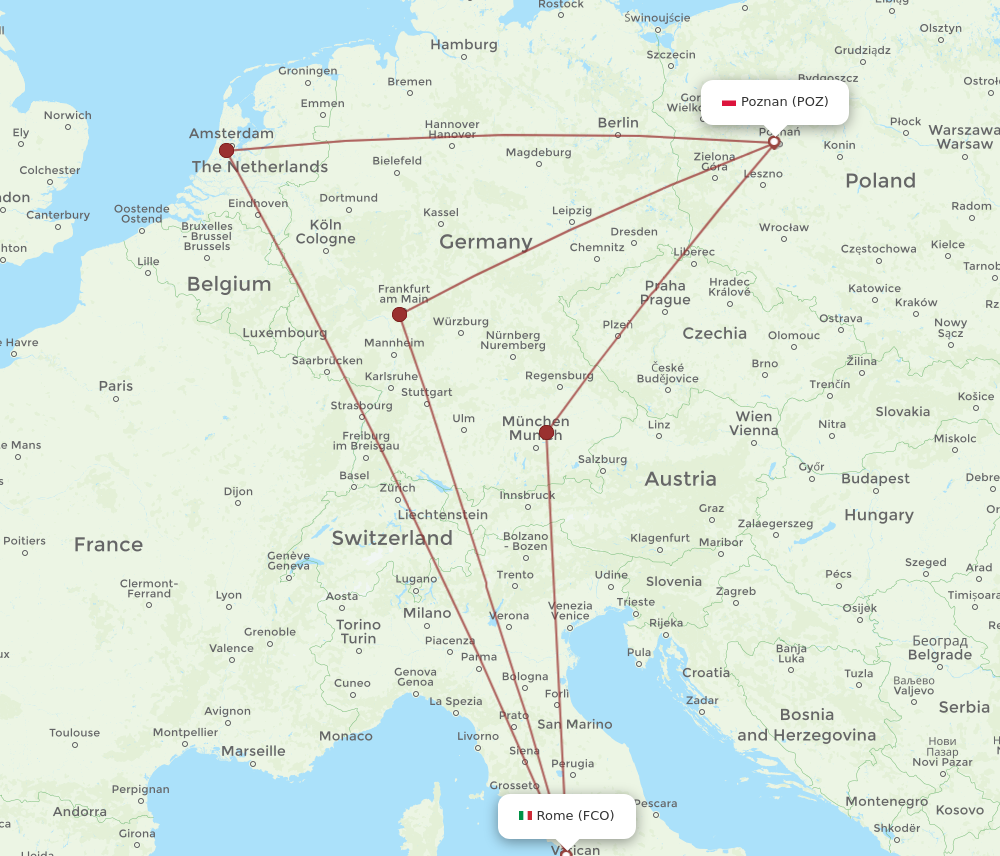 POZ to FCO flights and routes map