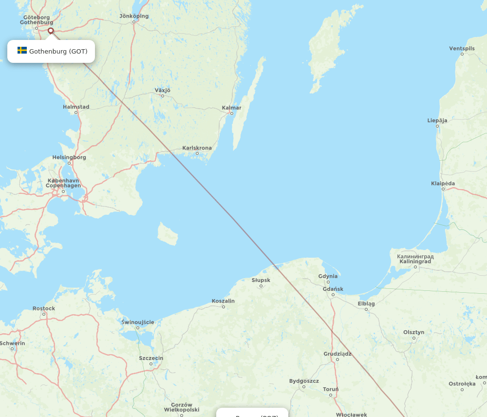 POZ to GOT flights and routes map