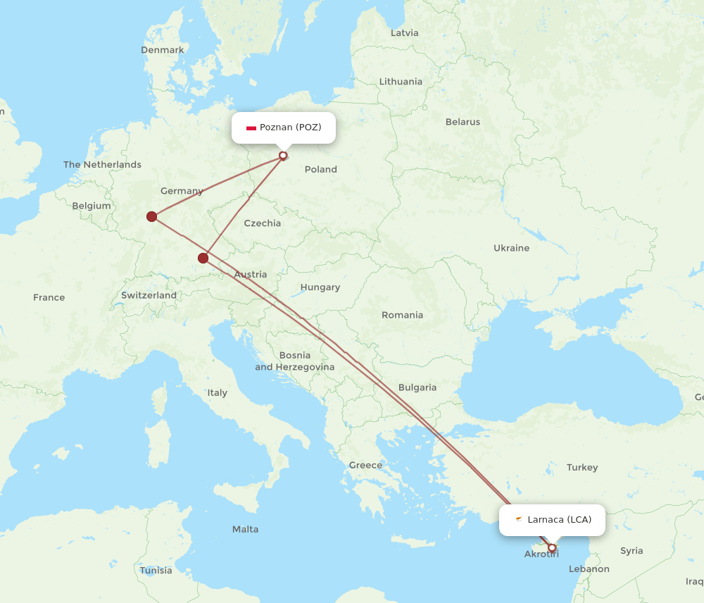 POZ-LCA flight routes