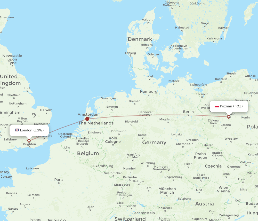 Poznan - London route map and flight paths
