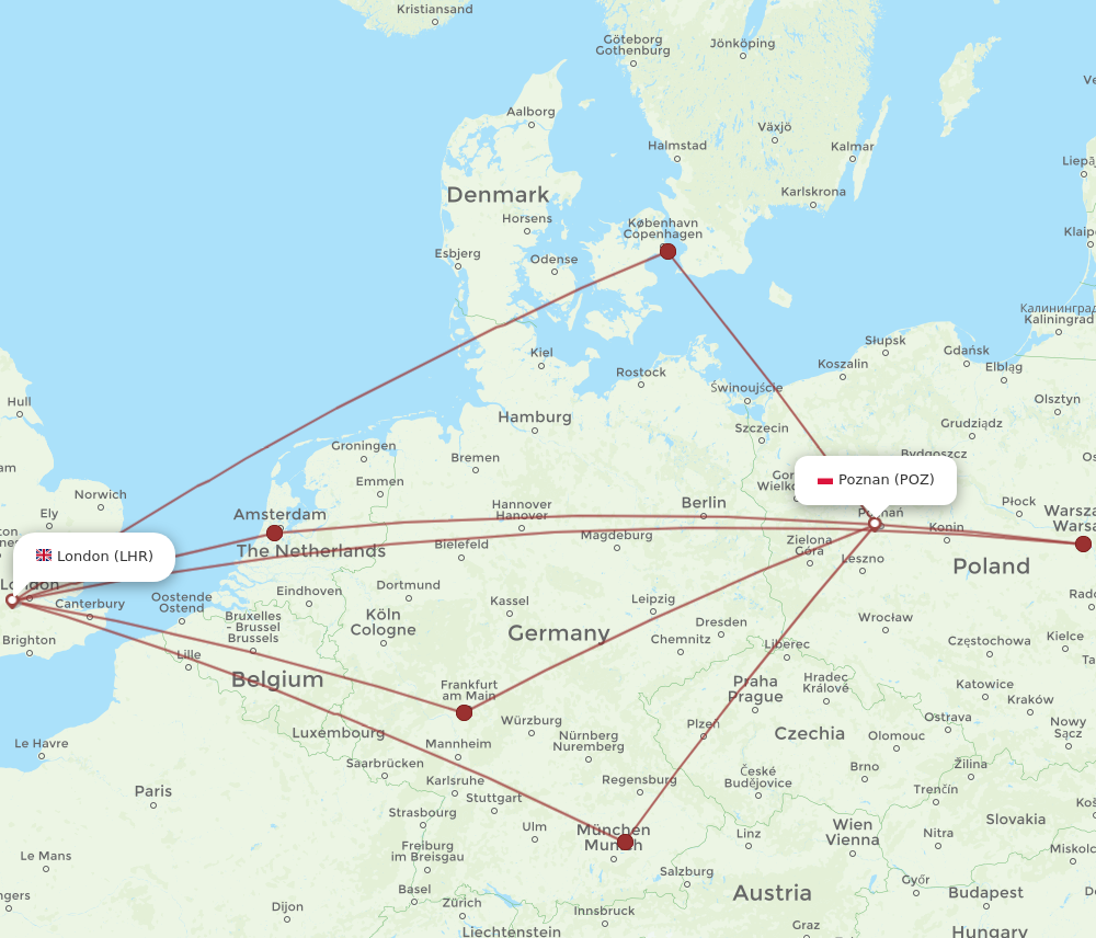 POZ to LHR flights and routes map