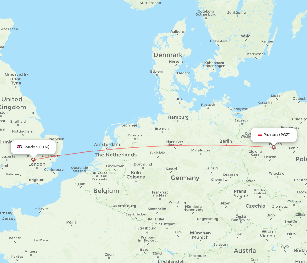 Poznan - London route map and flight paths