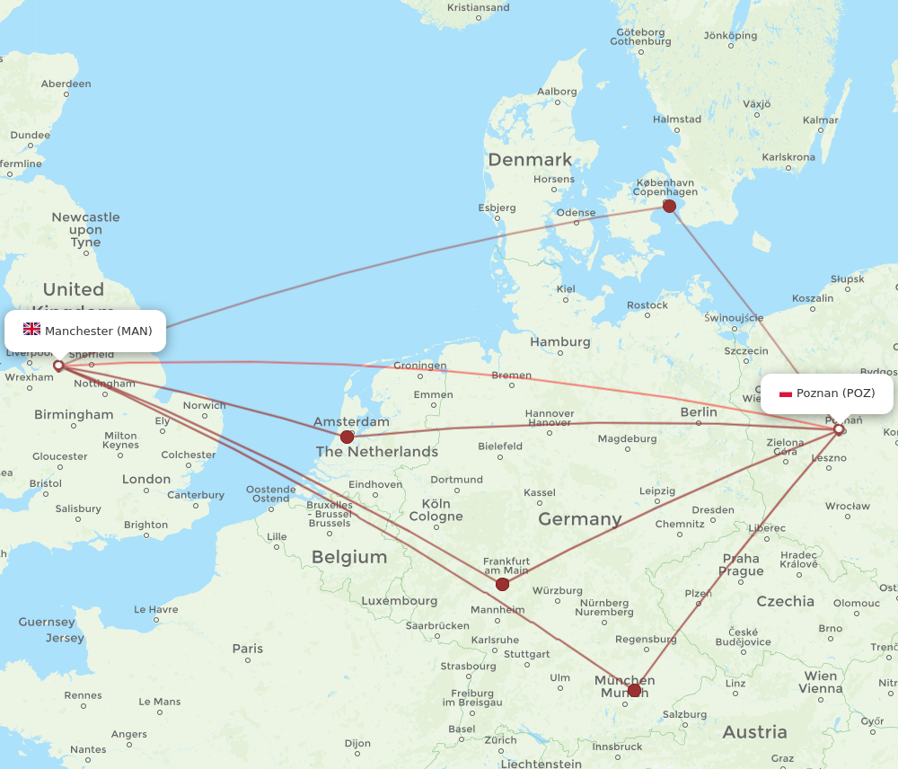 POZ to MAN flights and routes map