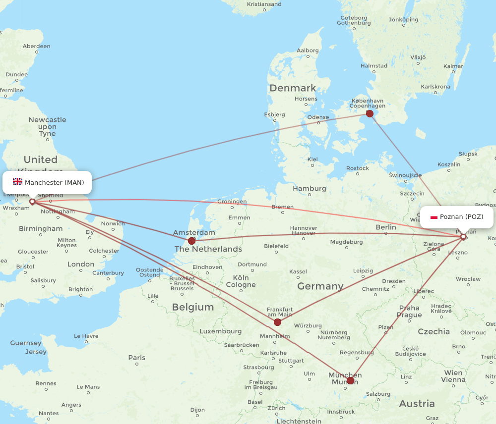 POZ-MAN flight routes