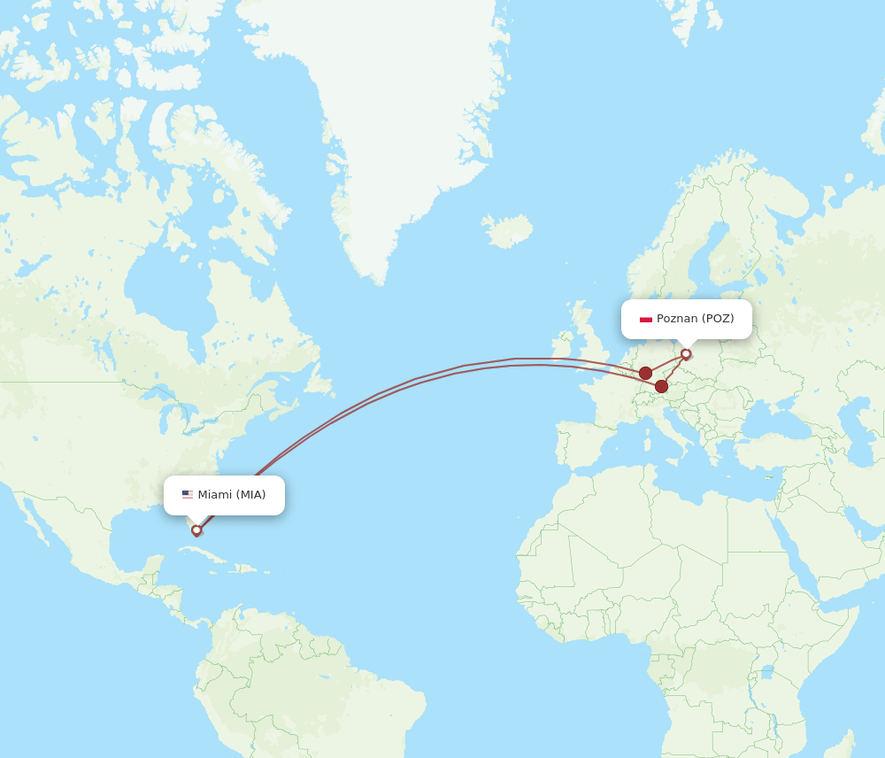 POZ-MIA flight routes