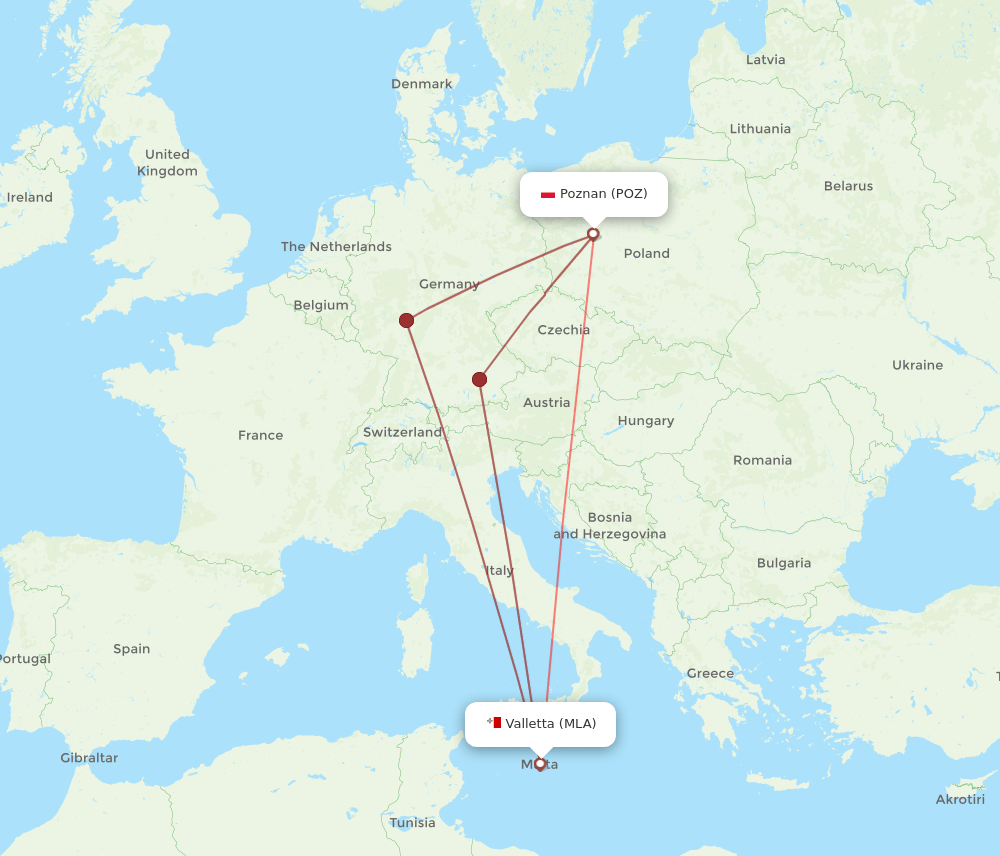 POZ-MLA flight routes