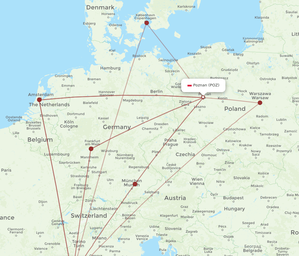 POZ to NCE flights and routes map