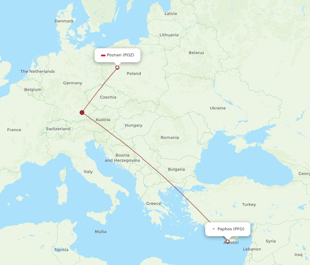 Paphos - Poznan route map and flight paths