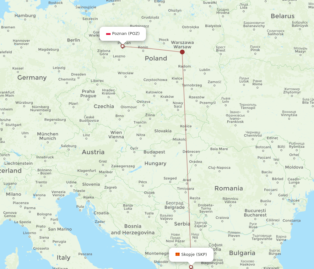 POZ to SKP flights and routes map