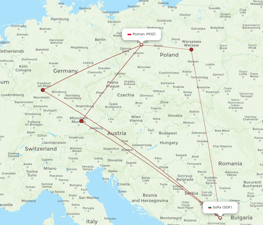 POZ to SOF flights and routes map