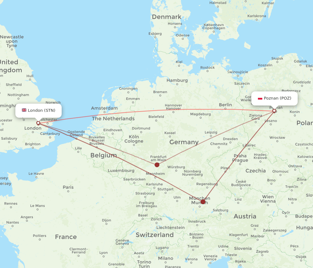 POZ to STN flights and routes map