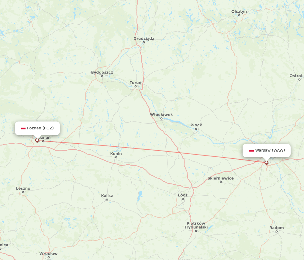 Poznan - Warsaw route map and flight paths