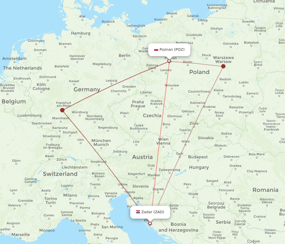 Zadar - Poznan route map and flight paths