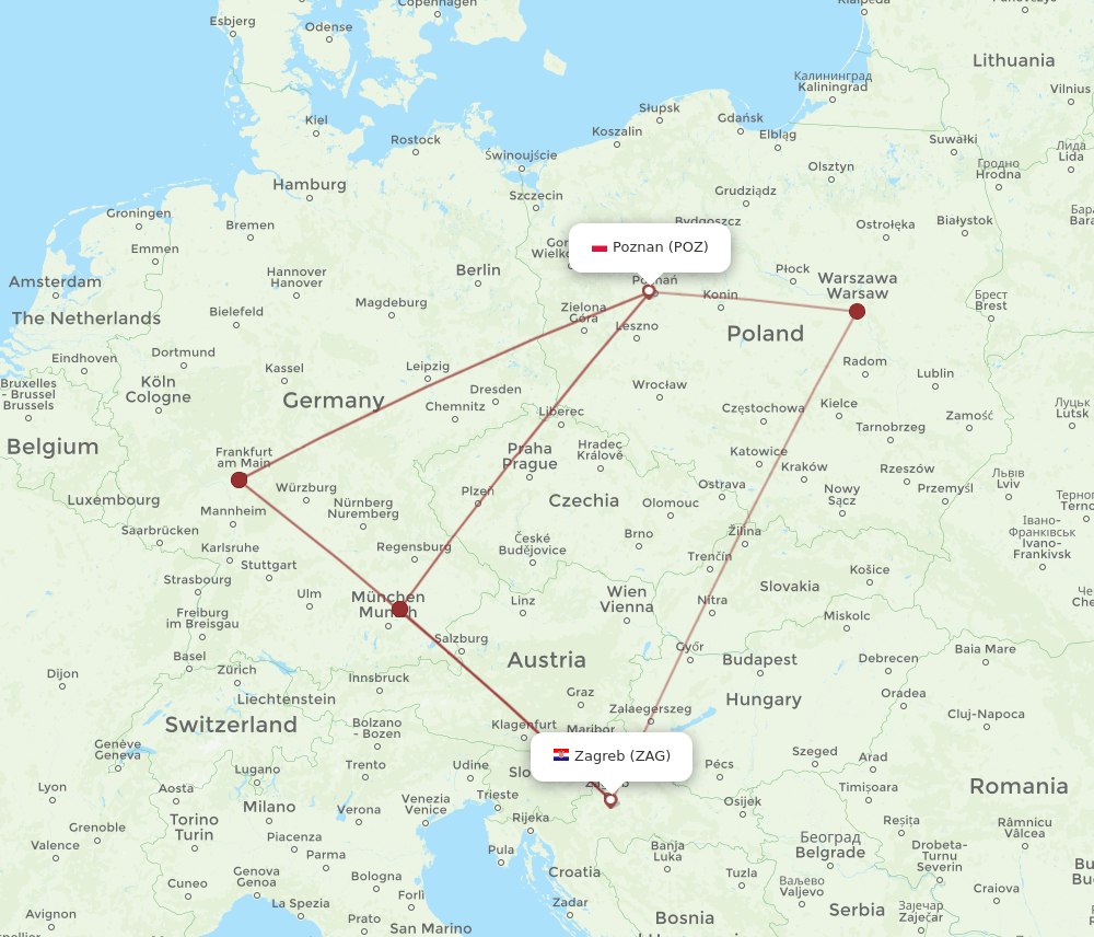 Zagreb - Poznan route map and flight paths