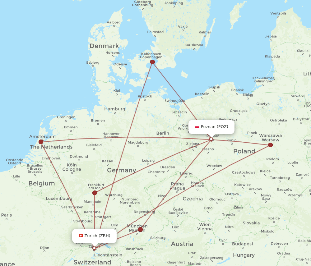 ZRH to POZ flights and routes map