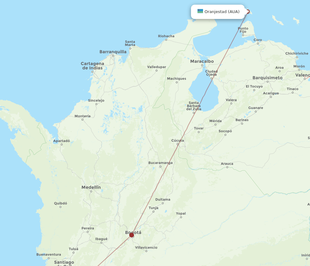 Aruba - Popayan route map and flight paths
