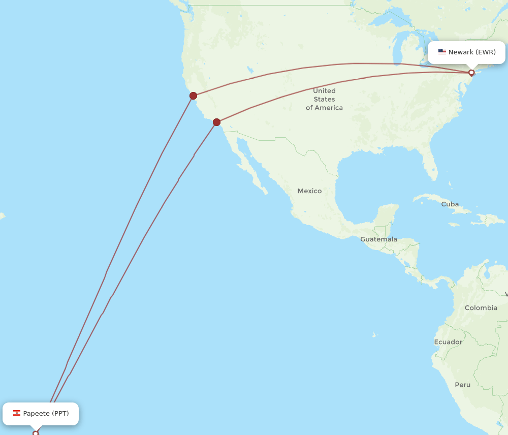 PPT-EWR flight routes