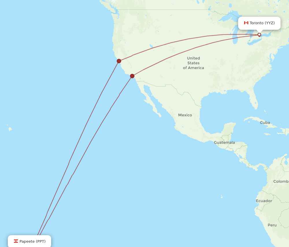 Toronto - Papeete route map and flight paths