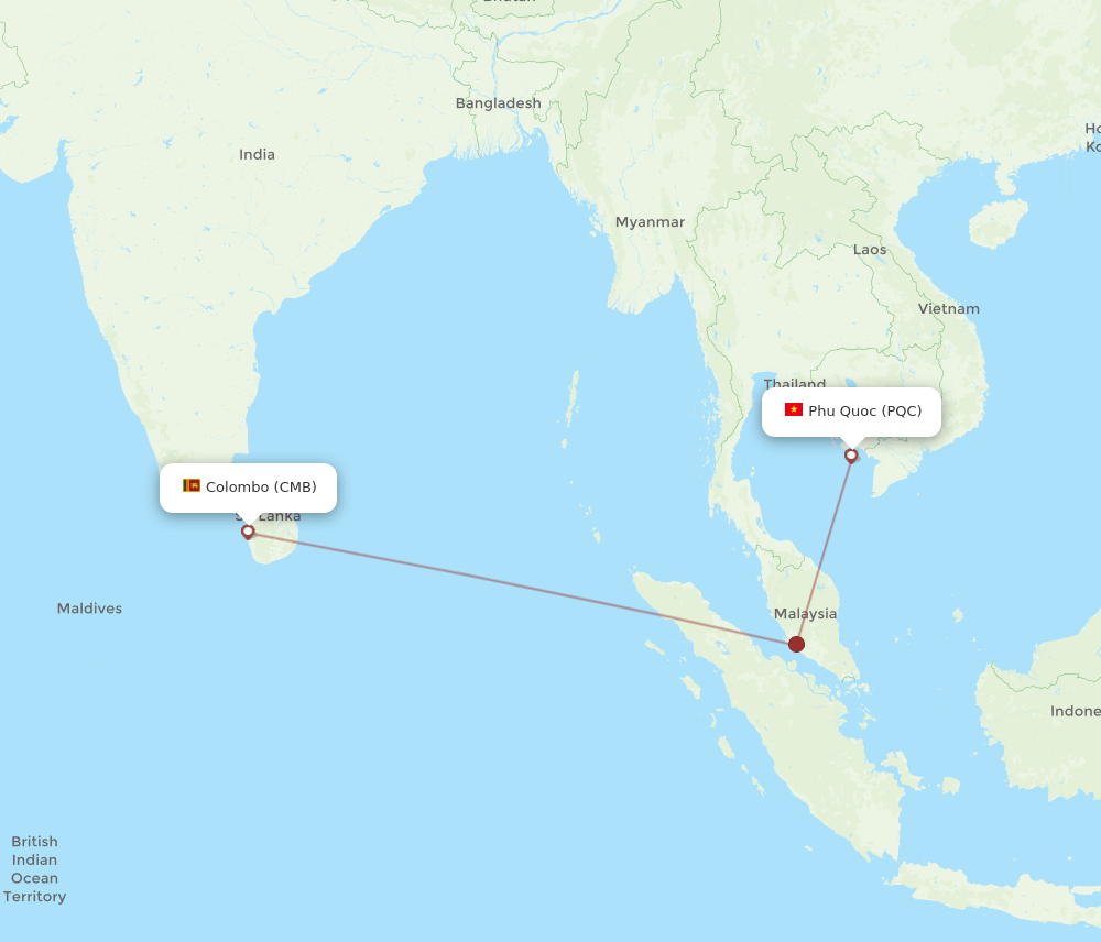 Colombo - Phu Quoc route map and flight paths
