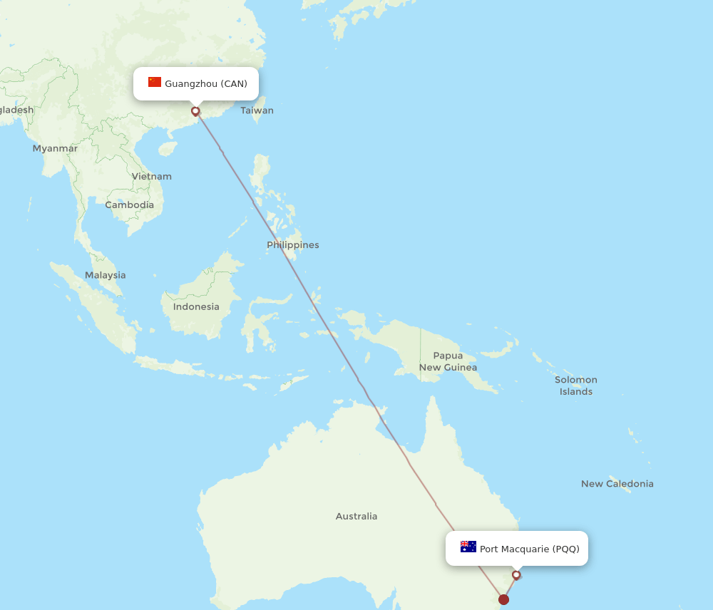 Guangzhou - Port Macquarie route map and flight paths