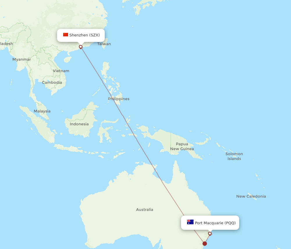 Shenzhen - Port Macquarie route map and flight paths