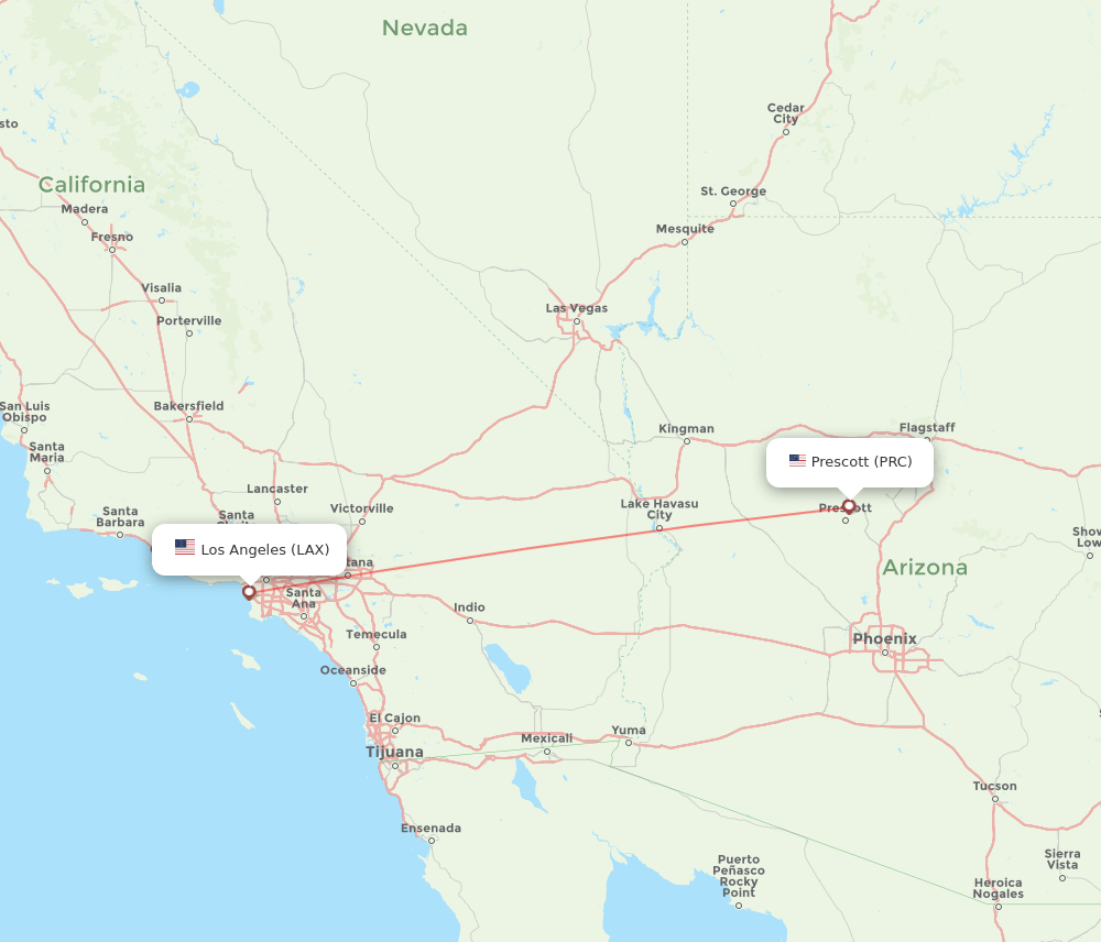 Prescott - Los Angeles route map and flight paths