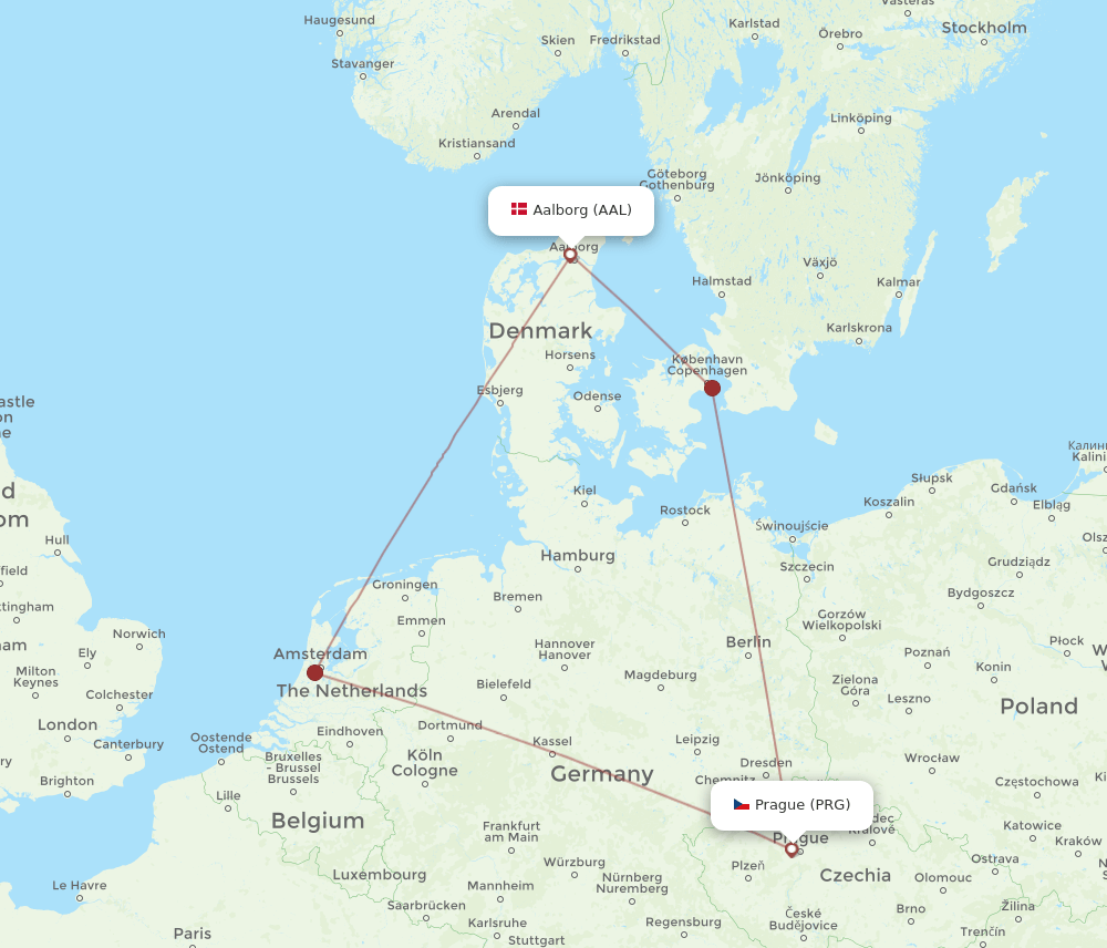 PRG to AAL flights and routes map