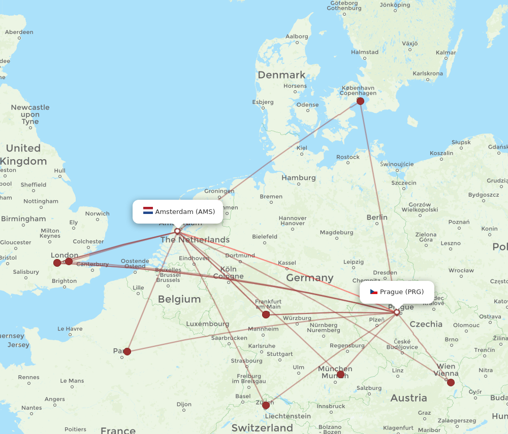 PRG to AMS flights and routes map