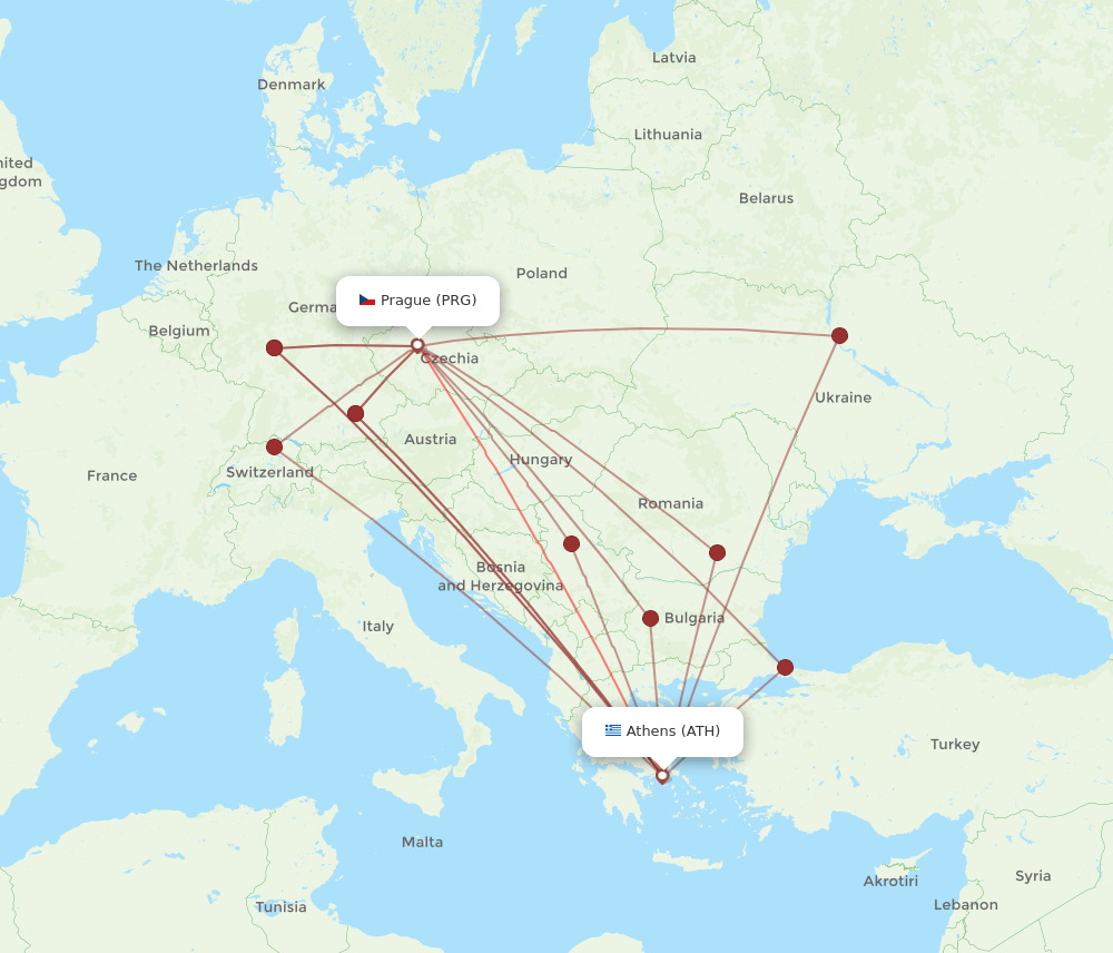 PRG to ATH flights and routes map