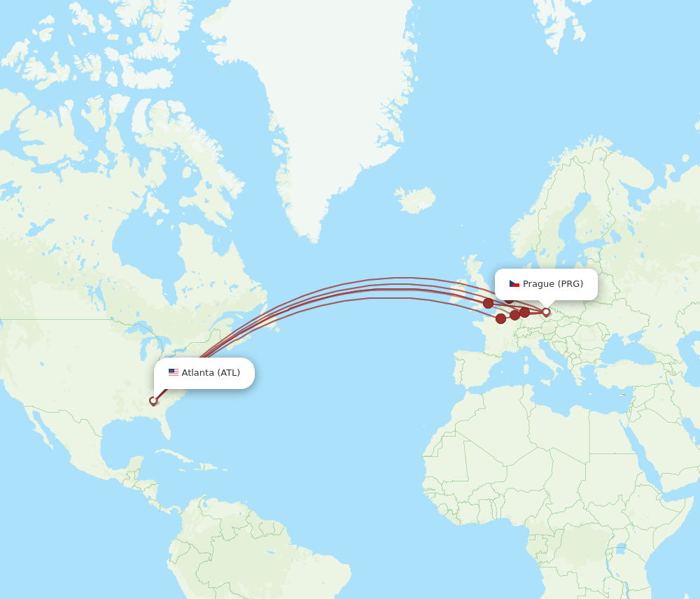 PRG to ATL flights and routes map