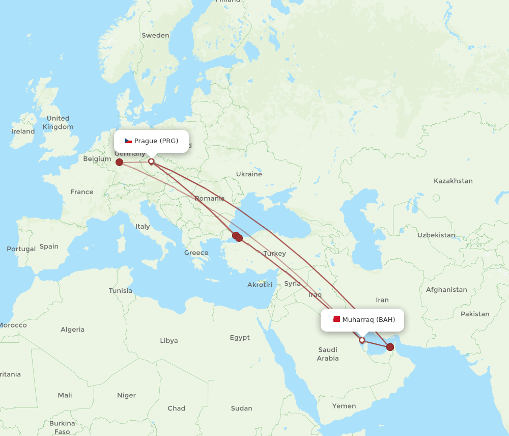 PRG to BAH flights and routes map